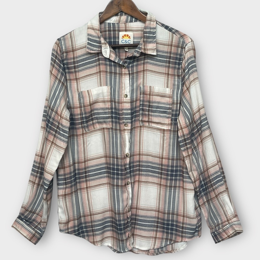 C&C California Womens Large Pink White Navy Plaid Button Down Shirt Long Sleeve